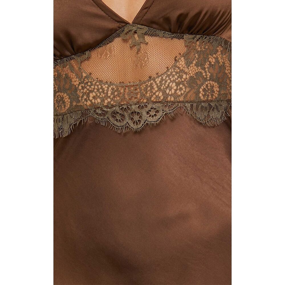✨JULIET MIDI DRESS - V NECK LACE INSERT SATIN SLIP SZ 6 DRESS IN CHOCOLATE✨ - Picture 7 of 13
